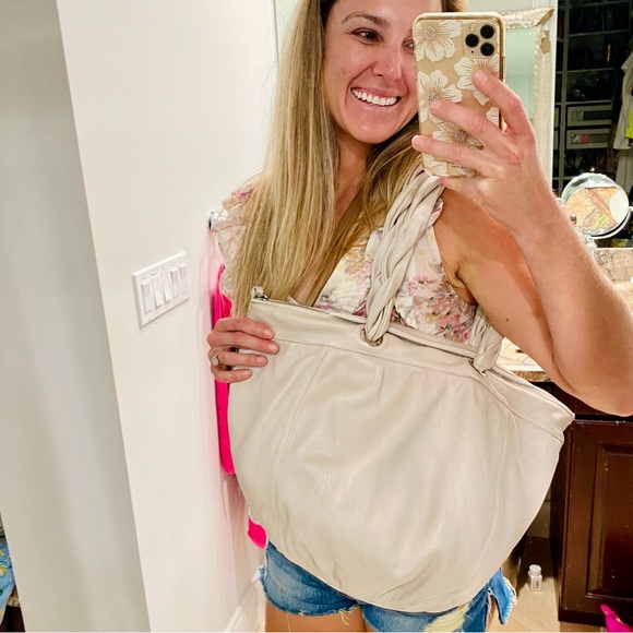 Furla Braided Double Handle Leather Hobo Slouchy Bag in grey EUC - Picture 3 of 17